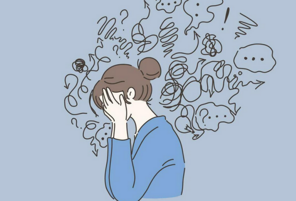 Fille avec un tourbillon de chose représenté en haut de sa tête.